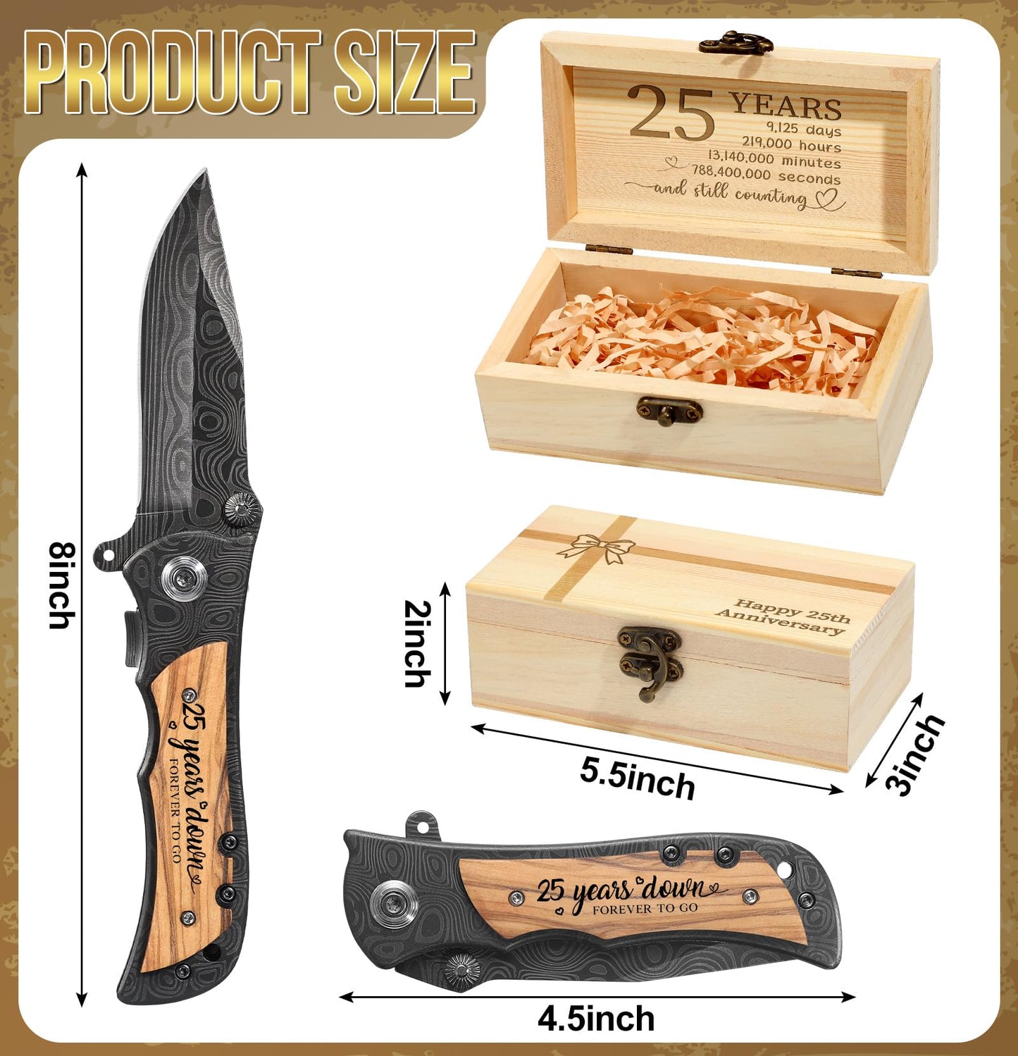 Lanties 25 Year Anniversary Keepsake Gifts for Him Engraved Pocket Knife with Gift Box Happy Tin Anniversary Customized Wedding Birthday Father's Day Gifts for Men Husband