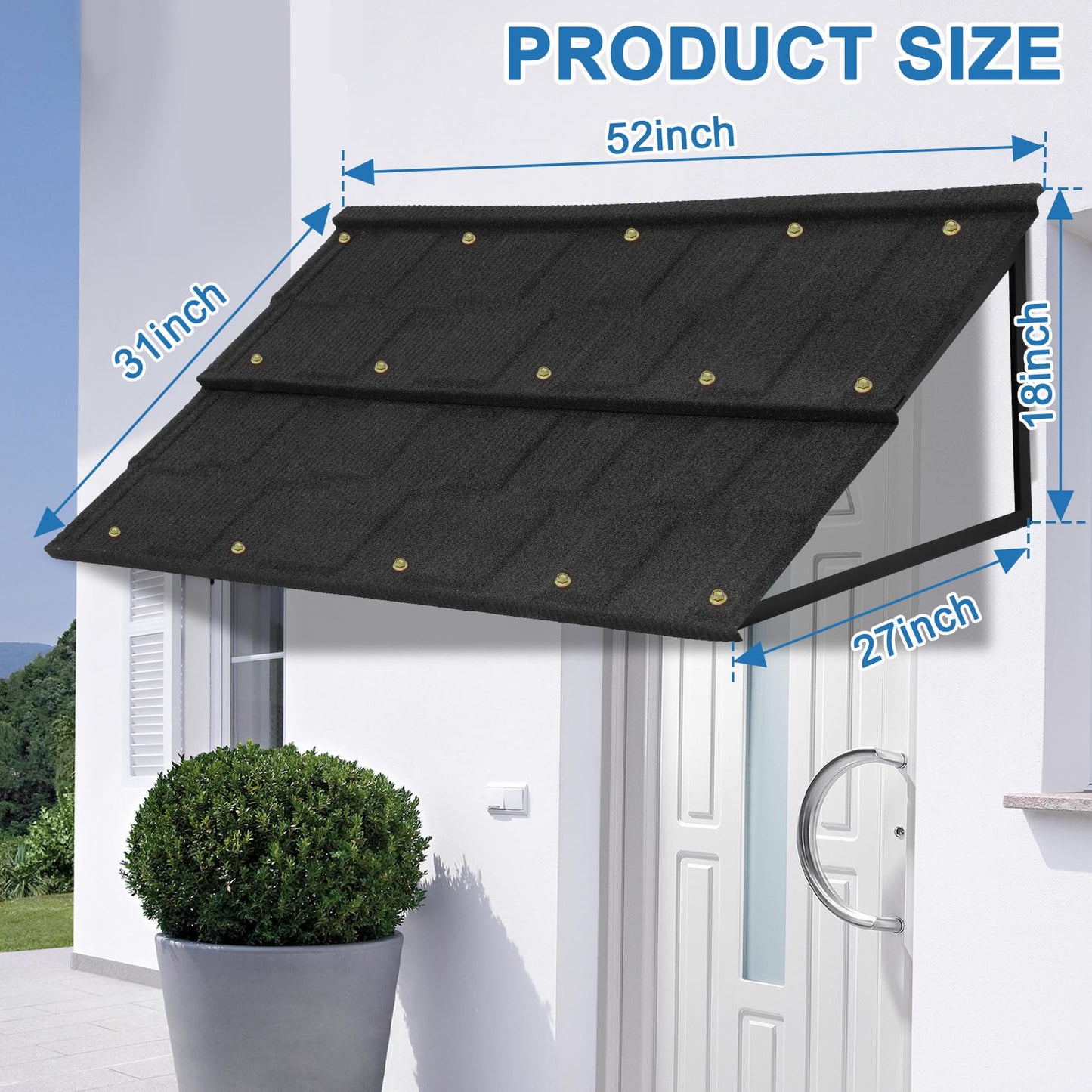 Fixed Metal Awnings 52in W x 31in H, Heavy-Duty Triangle Steel Frame with Tile-Design Metal Awning for Doors, Windows, Porches, Balconies (Black)