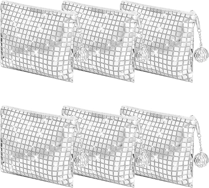 JDRGJTH 6 Pack Disco Cosmetics Bag, Makeup Bag, Portable Silver Sequins Glitter Mirror Foil Zipper Handbag with Disco Acce...