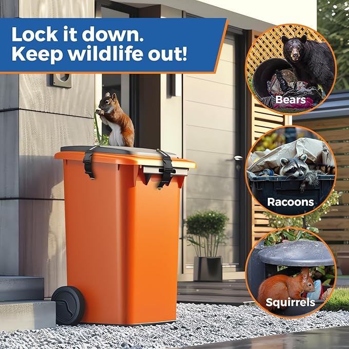 Heavy-Duty Bear Proof Trash Can Locks - Animal-Proof Garbage Can Lid Straps for 28-96 Gallon Outdoor Bins, Secure Locking Buckle Against Raccoons & Wildlife (Black, 4PCS)