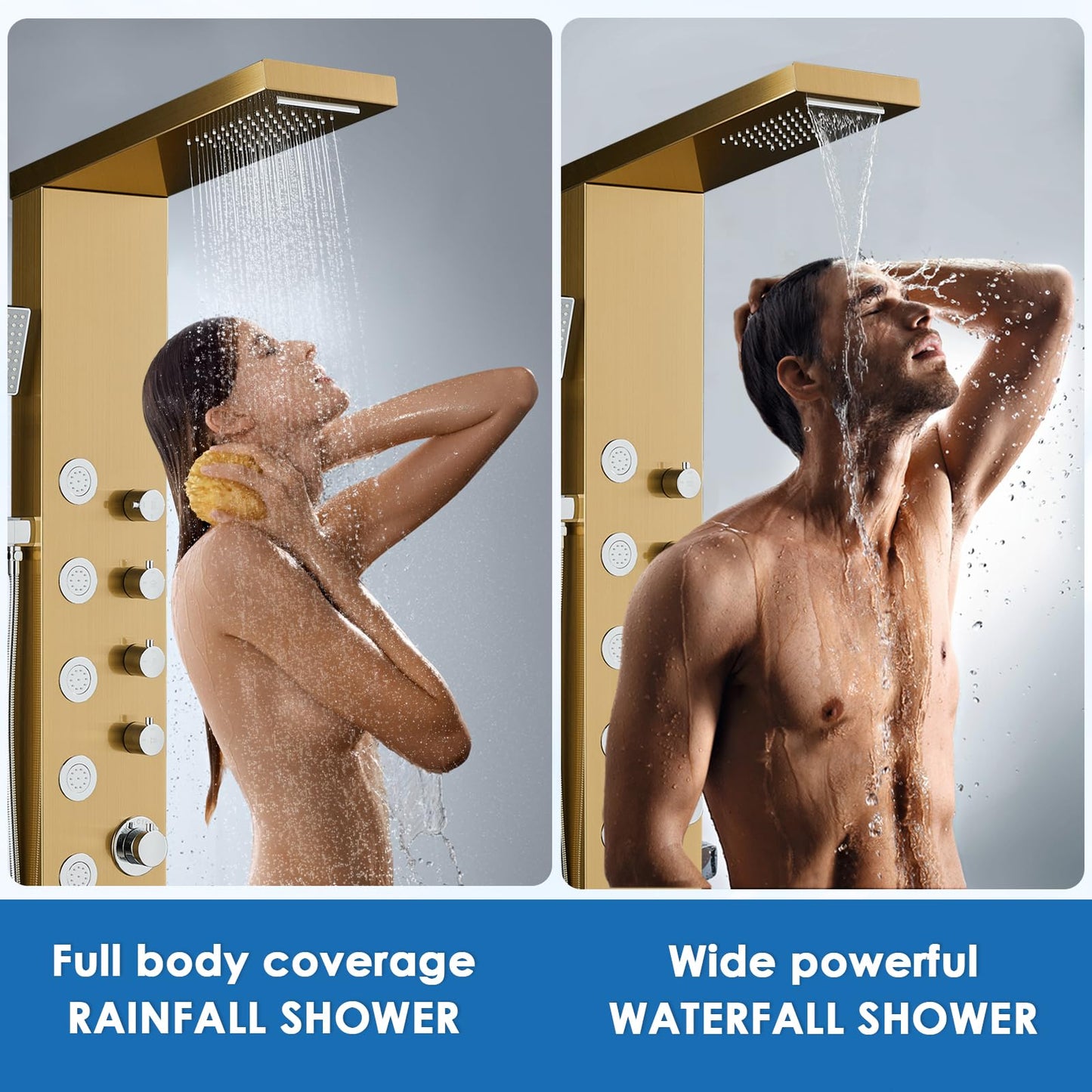 OUGOO Shower Panel Tower System with Rainfall & Waterfall Shower, 5 Body Jets, 3-Function Handheld, 304 Stainless Steel Shower Tower Column, Gold