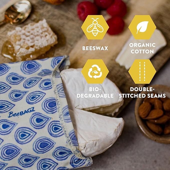 BeeBAGZ - Beeswax Wrap Storage Bag, Reusable Food Storage Bags, Pack of 3, Plastic Free Biodegradable Food Wrap Alternative, Starter Pack, 1 Small + 1 Medium + 1 Large, (Multicolors)