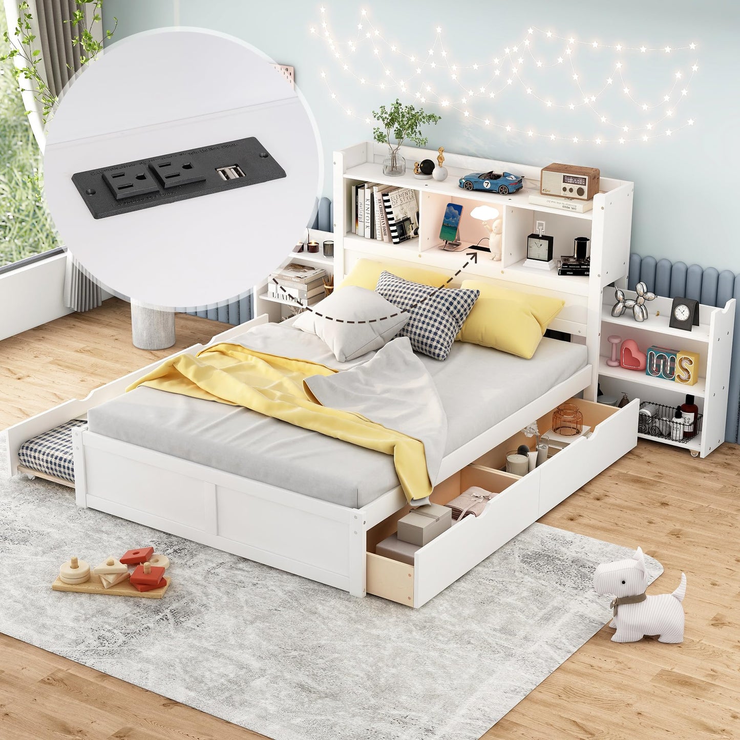 Full Size Storage Bed with Bookcase Headboard and Trundle, Wood Platform Bed Frame with Charging Station, Pull Out Shelves and Drawers for Kids Teens Adults, No Box Spring Needed,White