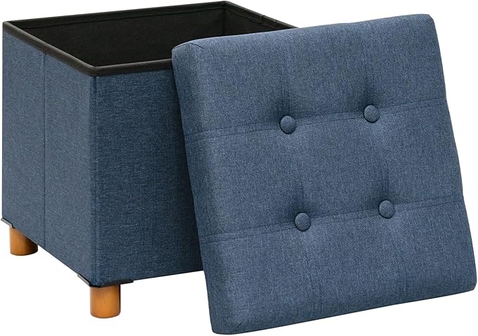 PINPLUS Storage Ottoman Cube, White Linen Footrest with Wooden Legs, Foldable Fabric Footrest, Comfortable Seat with Lid, Ottoman with Storage for Living Room, 15" x 15" x 15"，Blue