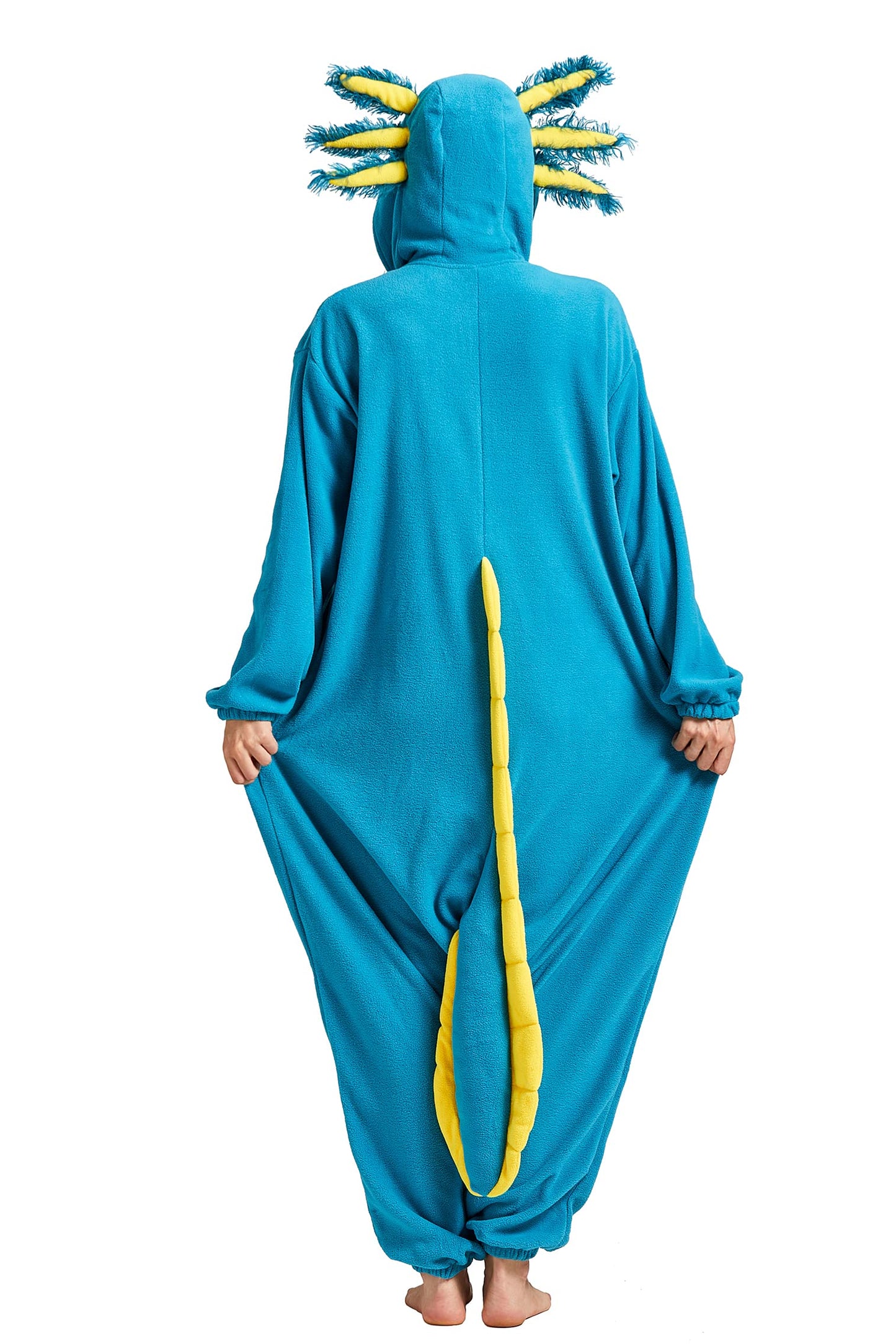 DELEY Unisex Adult Axolotl Onesie Pajamas, Flannel Animal One Piece Costume Sleepwear Halloween Cosplay Homewear Blue Axolotl