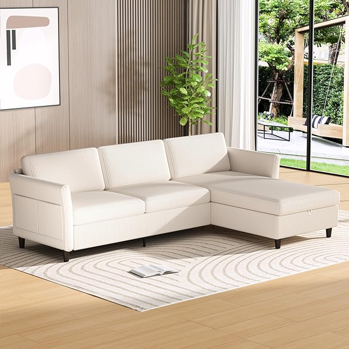 Valthie Convertible Sectional Sofa,Corduroy L-Shaped Couch with Reversible Storage Chaise,3-Seater Sofa with Side Pocket for Living Room,Bedroom and Office, 106.7",Beige