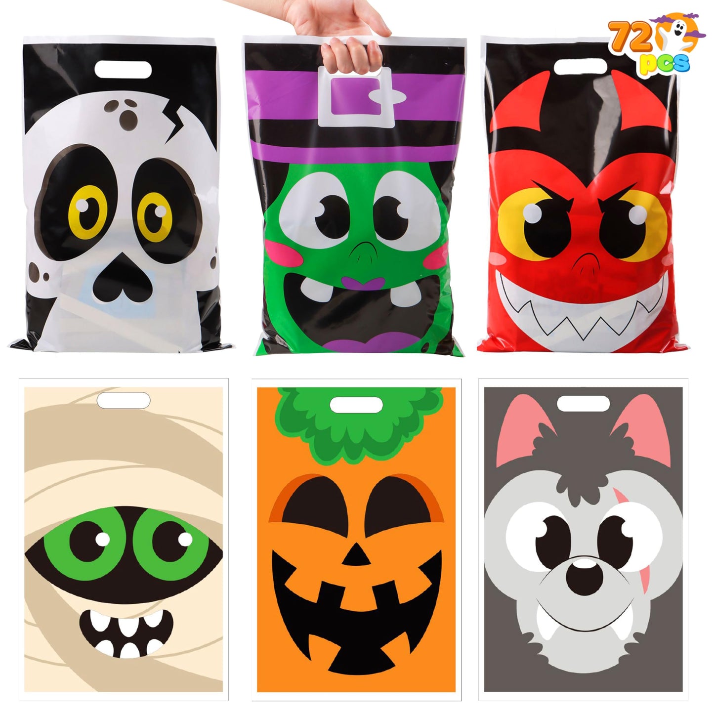 JOYIN 72 Pcs Halloween Bags, Plastic Goodie Bag in 6 Designs for Halloween Candy Trick or Treating Party Favors, alloween Trick-or-Treat SnacksBags Party Supplies Classroom Prizes