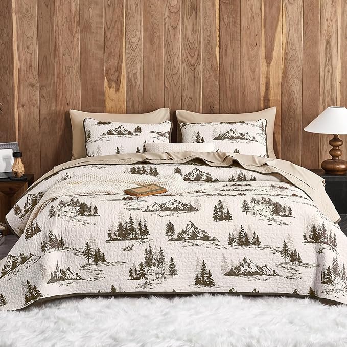Wake In Cloud - Rustic Quilt Set, Cabin Forest Woodland Camping Theme with Lodge Mountain Print, Reversible Lightweight Be...
