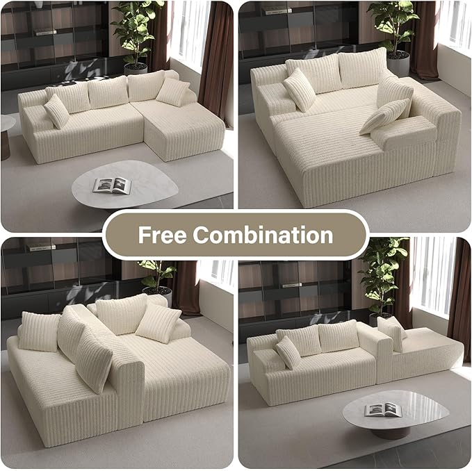 LAUSAINT HOME 96" Modular Sectional Sofa Couches, L-Shaped Boneless Cloud Sofa with 3 Deep Seat, 5 Cushiones Oversized Chaise for Living Room, Bedroom, Plush Corduroy Fabric (Right, Beige)