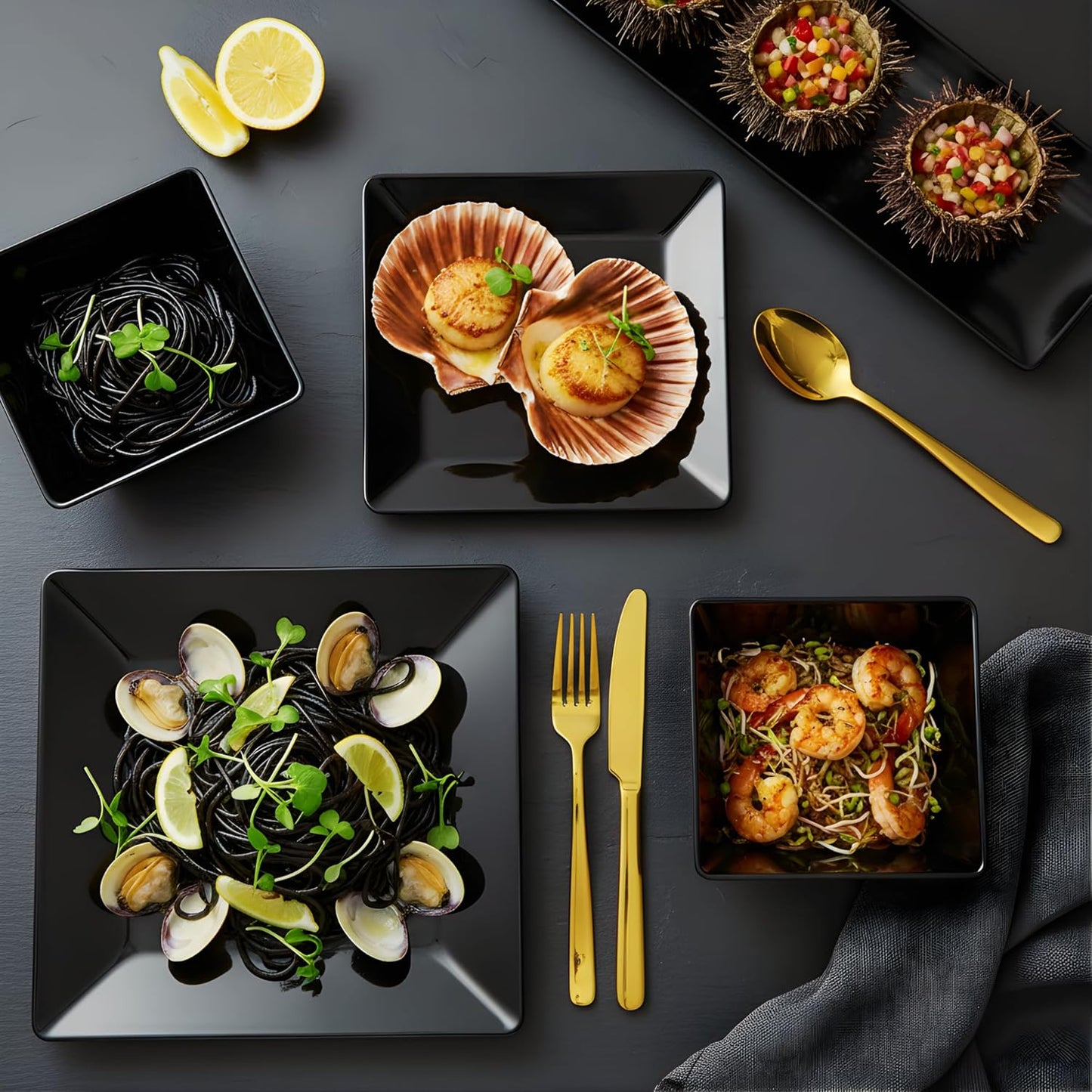 TP 12-Piece Dinnerware Set, Melamine Dishes Set with Bowls and Plates, Non-breakable and Lightweight Square Dinner Set for 4, Black