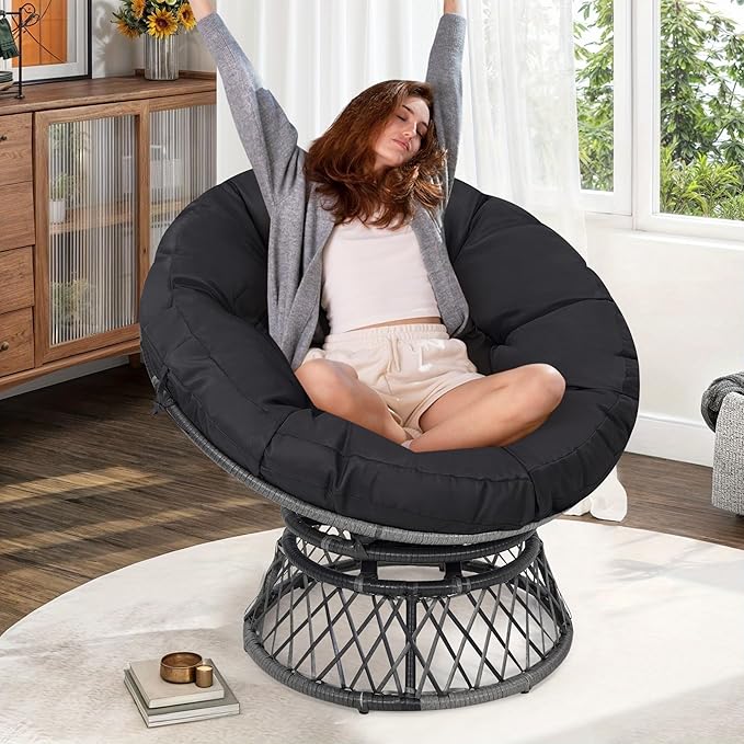 40" Ergonomic Wicker Papasan Chair, 360° Swivel Indoor Outdoor Rattan Chair with Soft Thick Cushion, Ideal for Living Room, Bedroom, Reading Room, Grey Frame with Black Cushion