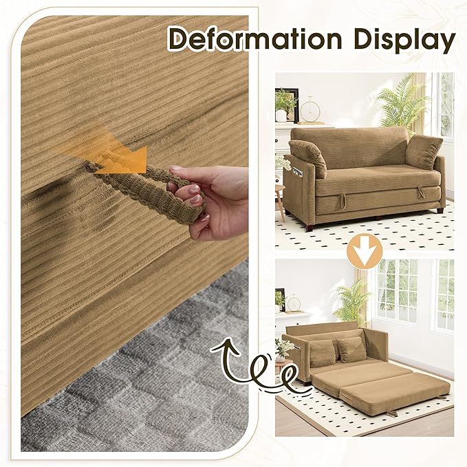 Myroyalsit 65" Convertible Loveseat Sofa Bed, 2-in-1 Folding Sofa Bed with 2 Pillow for Small Spaces, Modern Loveseat Sleeper Couch for Apartment, Living Room & Guest Room (Brown Corduroy, 65 inch)