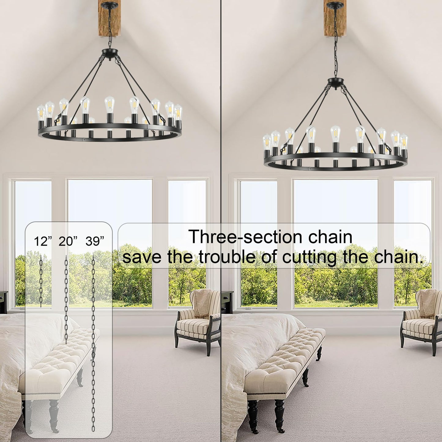SARUDIIR 40 inch Black Wagon Wheel Chandelier 20-Light Farmhouse Round Wheel Chandeliers Hanging Light Fixture Outdoor Wagon Wheel Chandelier for Porch for High Ceilings Dining Room