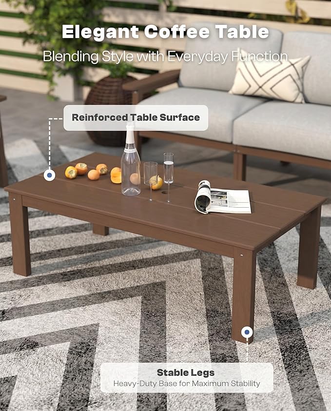 Patio Kingdom Patio Furniture Set 7 Seats, HDPE Outdoor Sectional with Gray Washable Thick Cushions, Coffee Table, Patio Conversation Sets for Lawn, Garden, Porch, Balcony, Deck (Brown Frame)