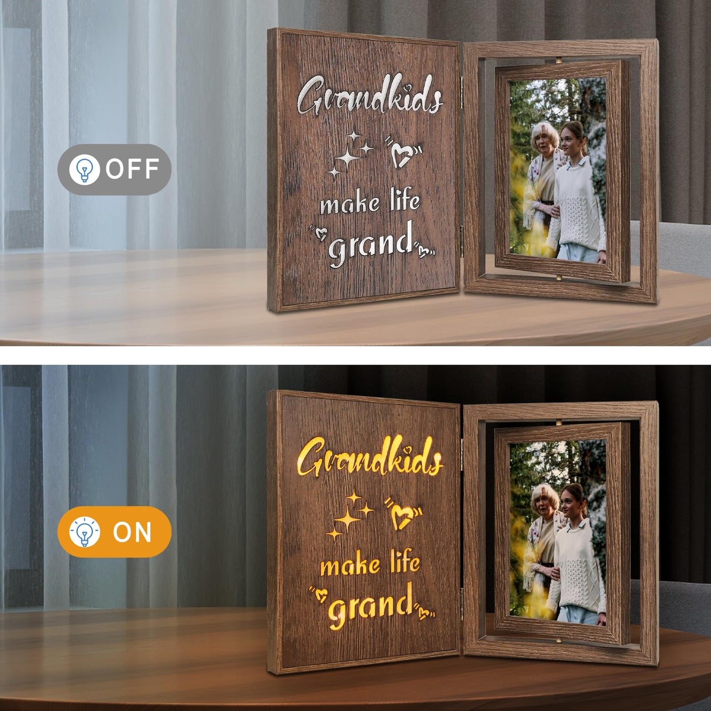 Grandkids Make Life Grand Light Up Photo Frame, Rotating Double-Sided 4x6 Vintage Wooden Grandma Grandpa Glowing Picture Frame, Gifts for Grandparents for Mother's Day, Father's Day, Christmas