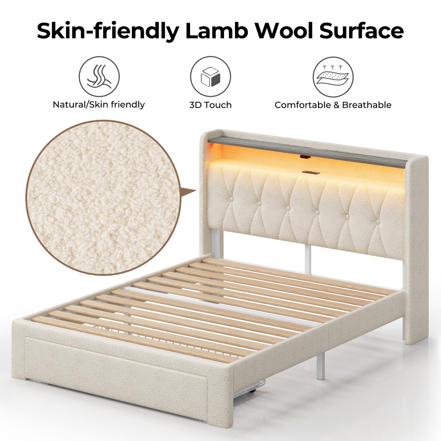 Rolanstar Twin Bed Frame with Drawer, Storage Headboard with Charging Station and LED Lights, Upholstered Bed with Heavy Duty Wood Slats, No Box Spring Needed, Noise Free, Easy Assembly, Beige