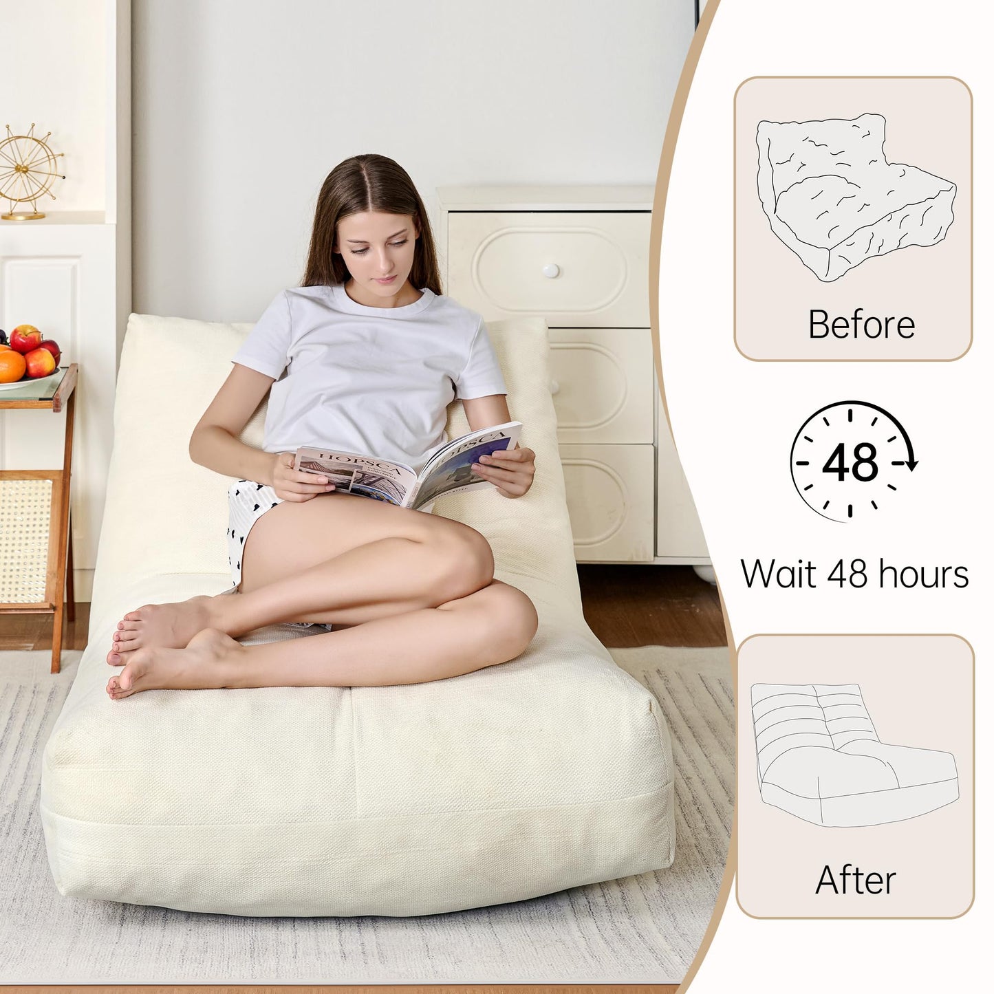 Stmoze Bean Bag Chairs for Adults, Memory Foam Bean Bag Chair, Spacious Single Sofa, Ergonomic Support Reading Floor Sofa Chair with Filler, Comfy Cozy Beanbag Couch for Bedroom Living Room (Beige)