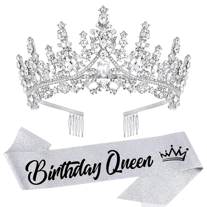VELSCRUN Silver Crystal Birthday Queen Tiara Crowns for Women Girls Birthday Queen Headband Sash Elegant Princess Crown wi...