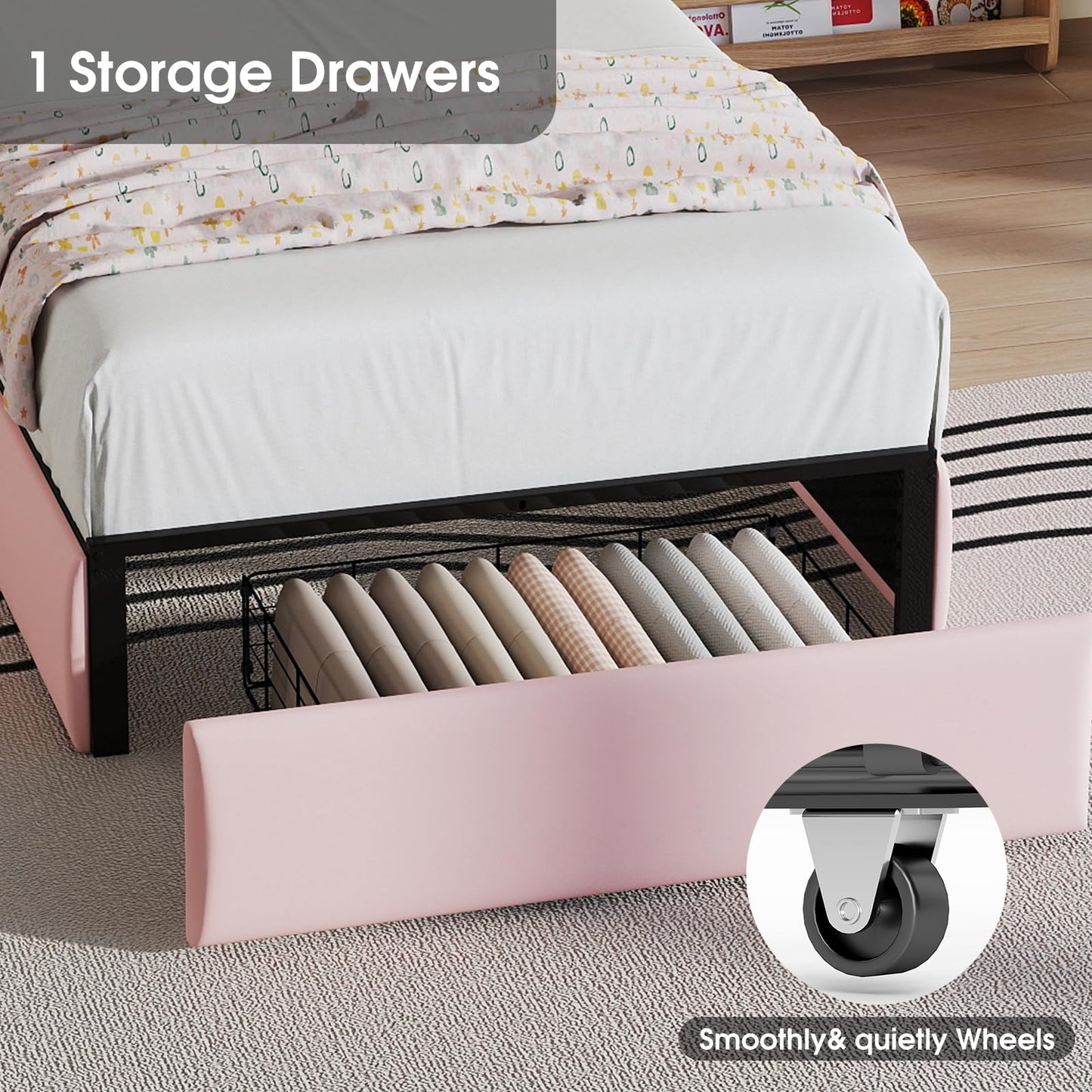 yenlacy Twin Upholstered LED Bed Frame with Storage Drawer, Cute Girls Bed with Petal-Shaped Headboard, Velvet Princess Platform Bed Frame, Metal Slats Support, No Box Spring Needed, Pink