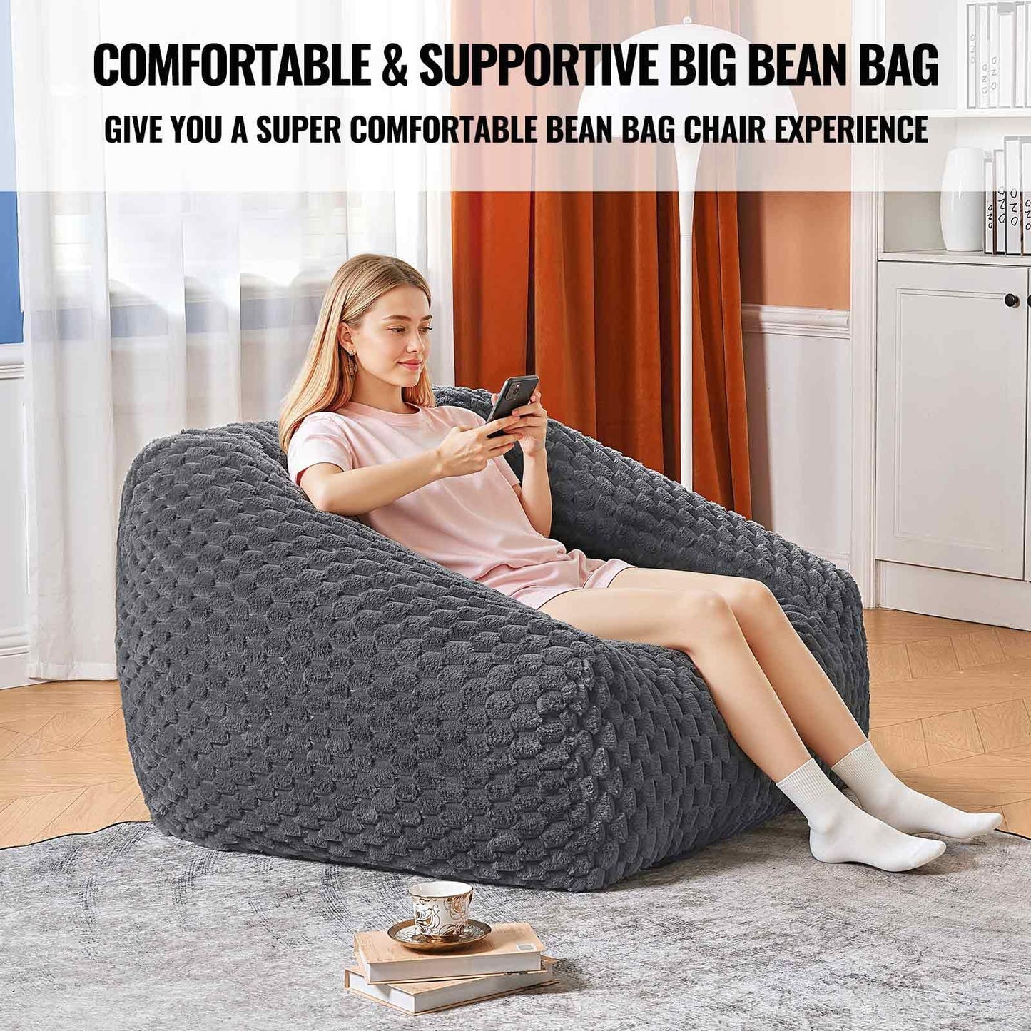 Comfy Bean Bag Chair for Adults with Filling,Giant Beanbag Chairs Memory Foam Bean Bag Chairs with Armrests,Beanbag Chair Lazy Floor Sofa for Bedroom Livingroom