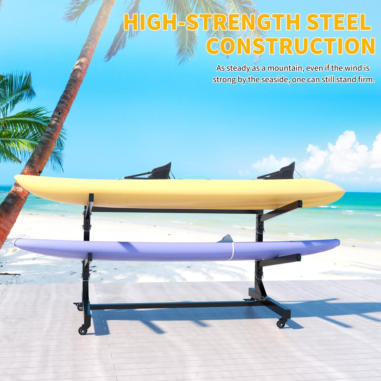 Reegangfa Freestanding Kayak Storage Rack, 2-Capacity Heavy Duty Metal Kayak Stand for Outdoor and Indoor, Adjustable Kayak Holder with Wheels, Canoe Rack for SUP, Sled, Paddle Board, Surfboard,Garage