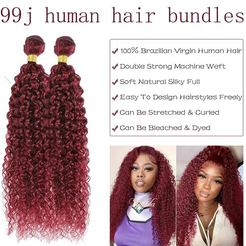 Fabimiya Human Hair Bundles Burgundy 99J Jerry Curly 14 16 18 Inch Bundles Human Hair 100% Unprocessed Burgundy Soft Sewn In Hair with Double Weft for Black Women