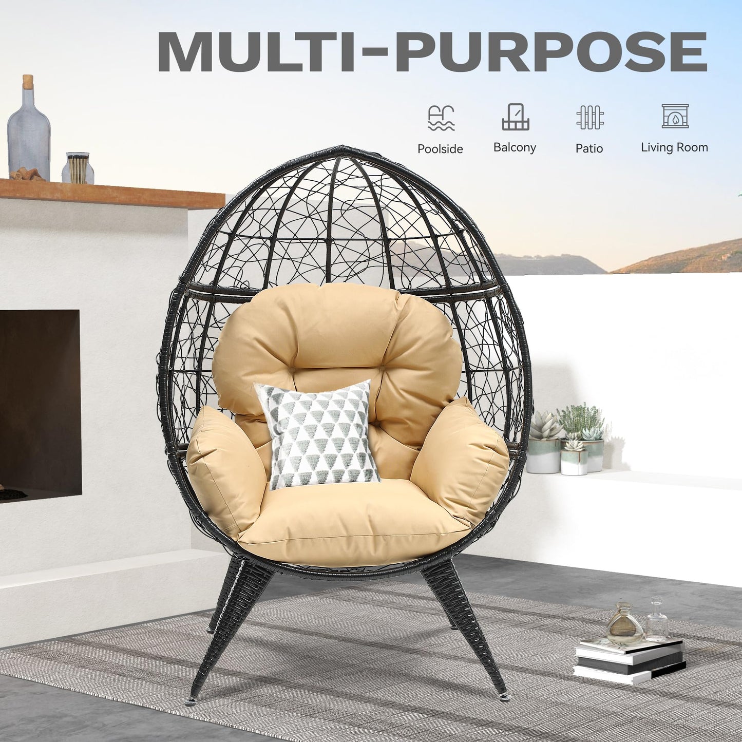 DWVO Egg Chair Patio Rattan Chair with Stand Anti-Slip All-Weather Poratble Adjustable Chair Feet Wicker Egg Lounger Chair for Indoor Outdoor 330LBS (Beige)