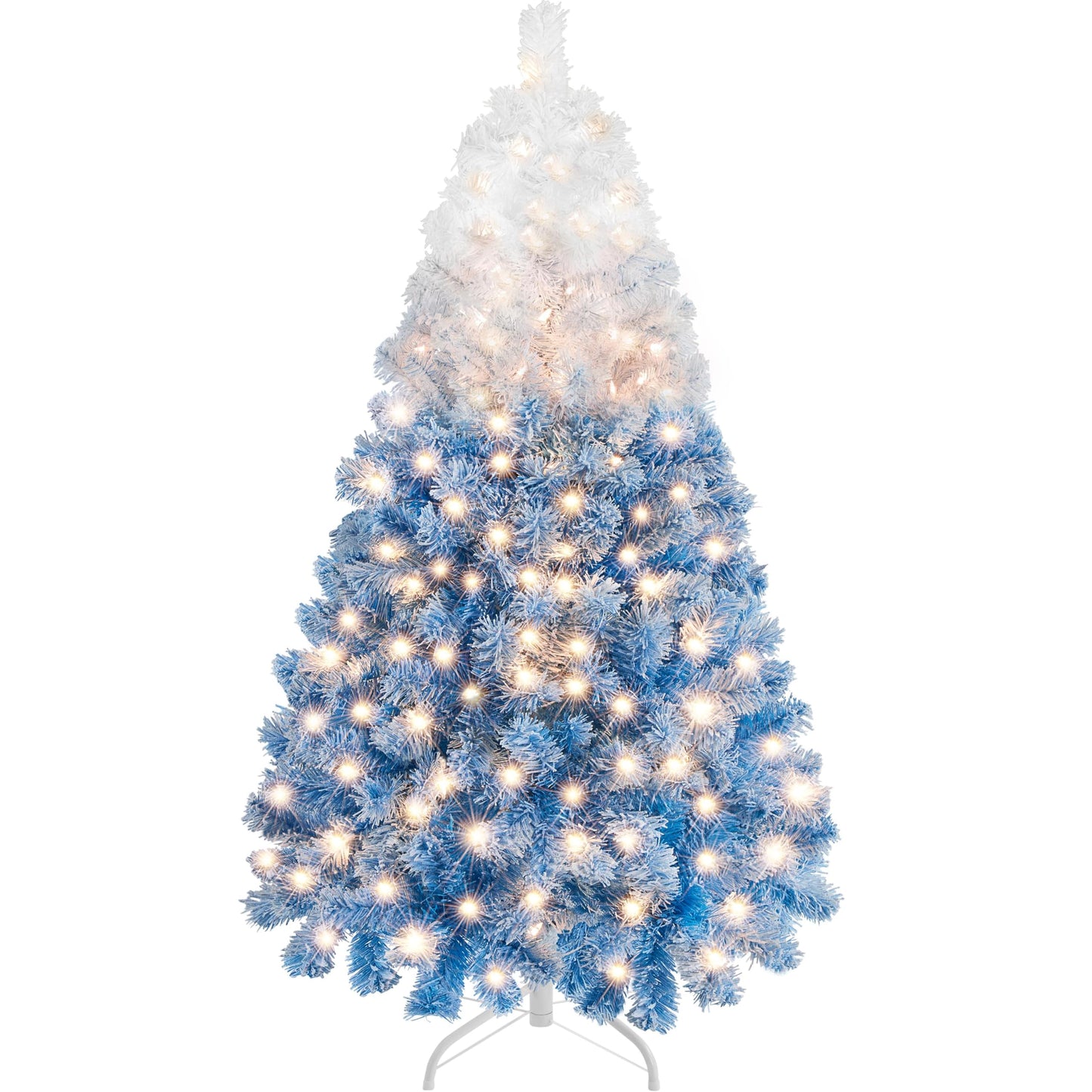 Yaheetech 4.5ft Pre-lit Artificial Christmas Tree W/Incandescent Warm White Lights, Flocked Full Prelighted Xmas Tree with 340 Branch Tips, 150 Incandescent Lights & Foldable Stand, Lake Blue Gradient