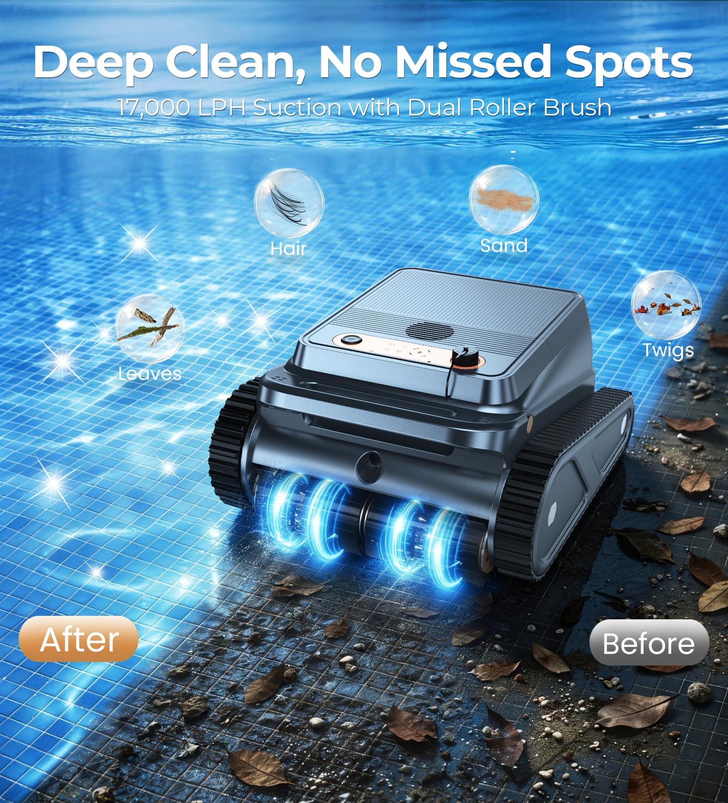 Ezioov U8 Cordless Robotic Pool Cleaner, Wall & Waterline Cleaning, Smart Navigation, Auto-Docking, 150 Min Runtime, Pool Vacuum Robot for Inground & Above-Ground Pools up to 2600 Sq.ft