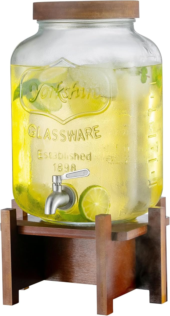 Drink Dispenser with Acacia Wood Stand and Lid,2 Gallon Glass Beverage Dispenser with Stainless Steel Spigot for Parties,P...