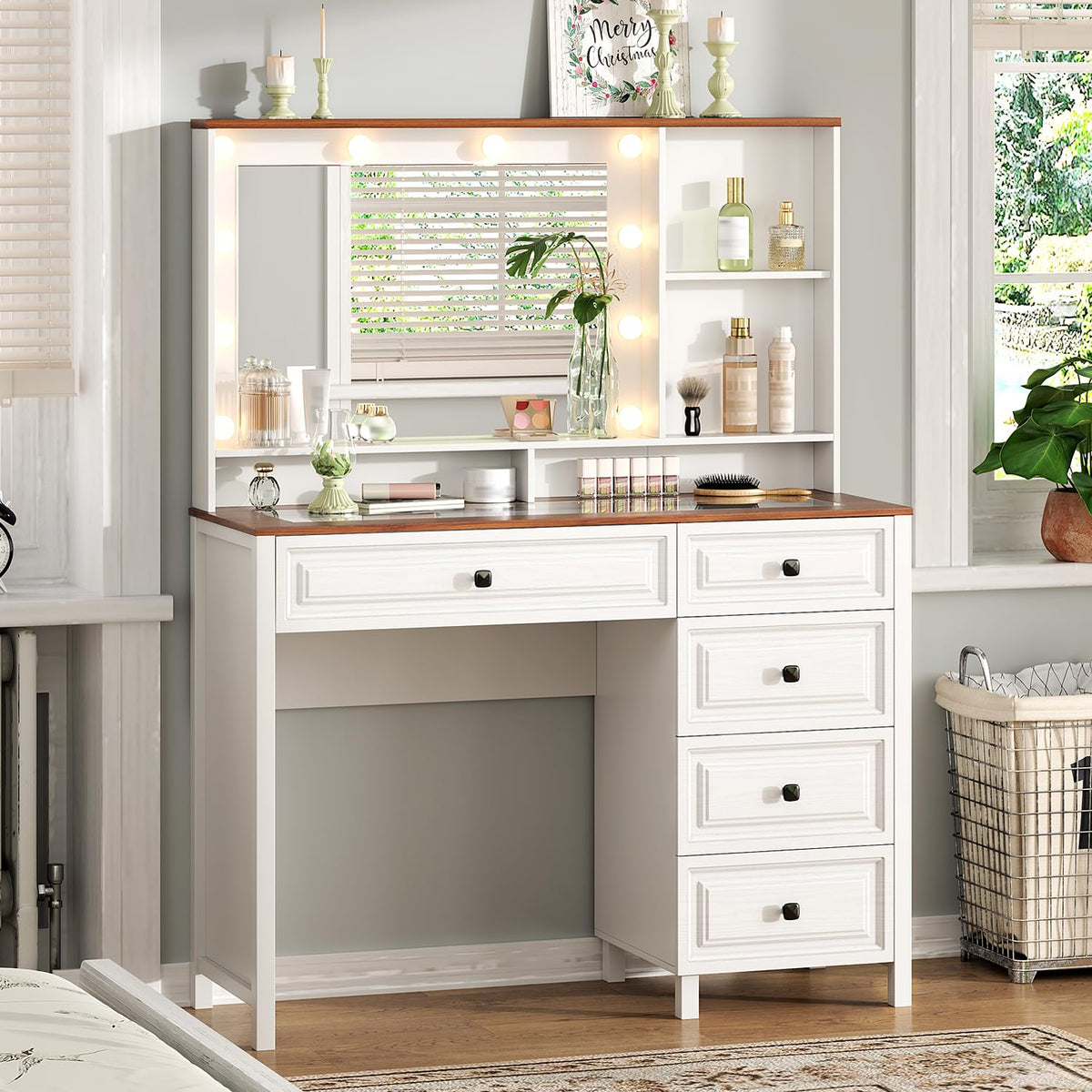 Arulvmrn 43" Large Vanity Desk with Mirror and Lights,Makeup Vanity with 10 Lights，Modern Makeup Table with 5 Drawers，Open Shelves for Bedroom Makeup Room