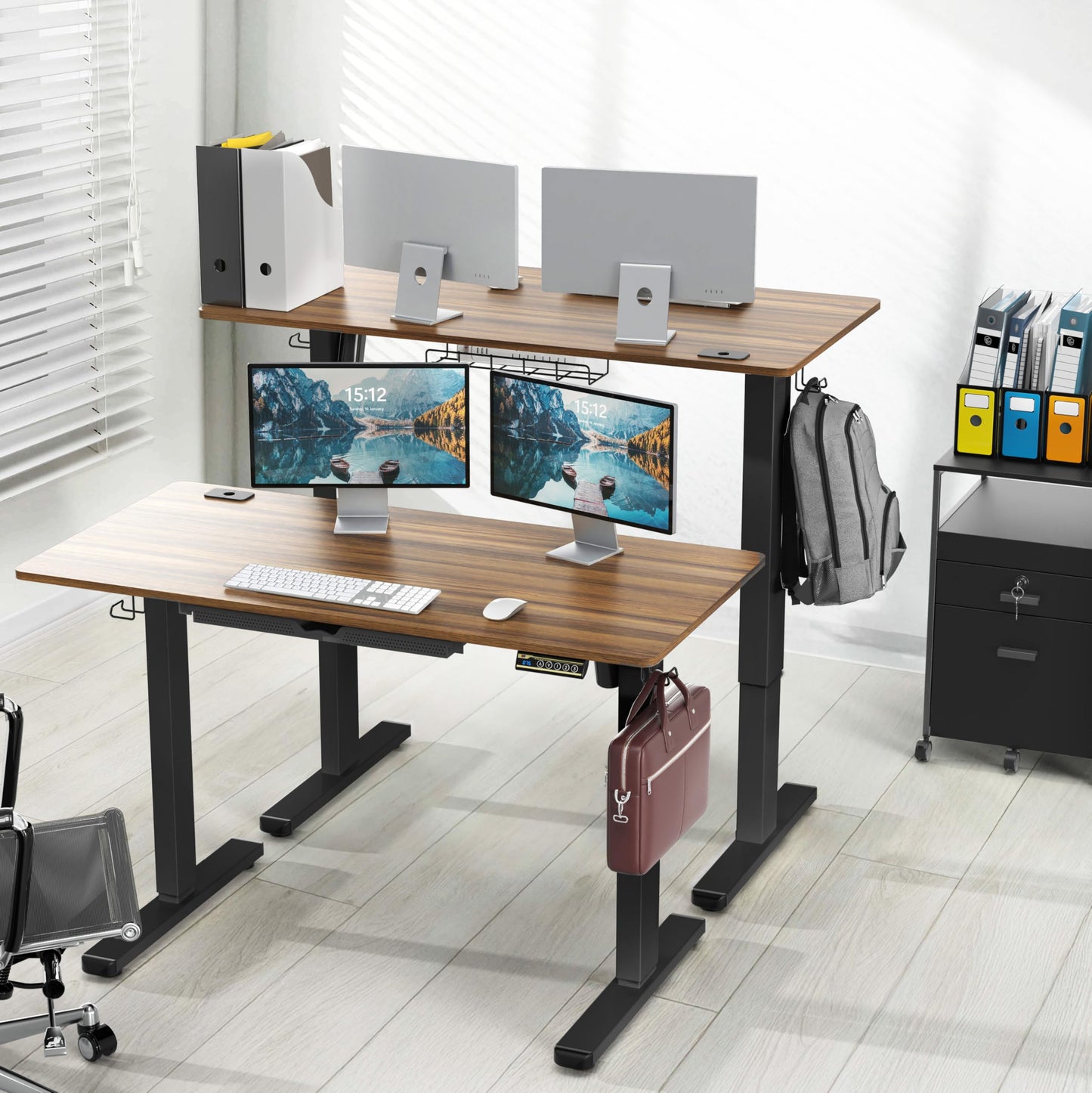 SHW 48-Inch Electric Height Adjustable Standing Desk with Drawer, Memory Preset and Cable Management Tray, Walnut
