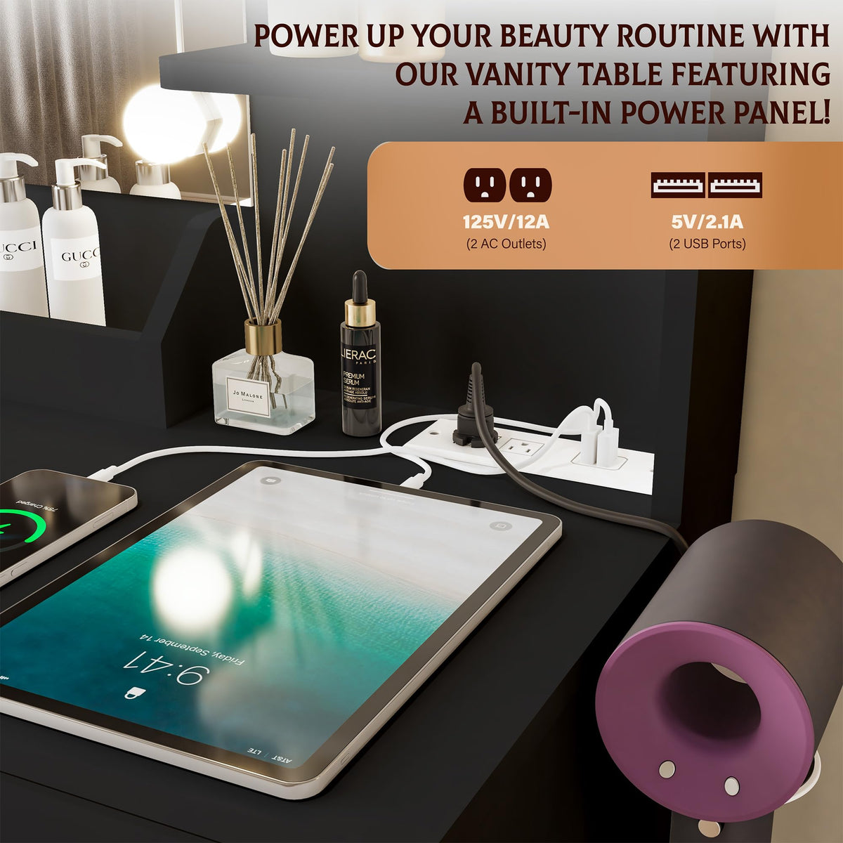 Yegosh Vanity Desk 35.4 Inch Makeup Vanity Table with Mirror and Lights Drawers & Cabinet Storage Shelves Cushioned Stool Dressing Table Set Include Charging Station Hair Dryer Stand (Black)