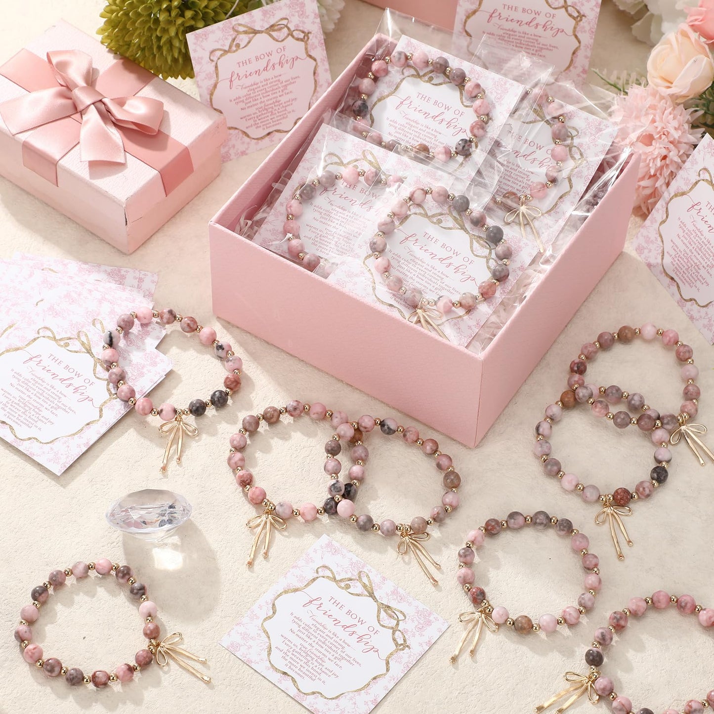 Huquary 12 Set Thanksgiving Friendship Gifts Good Friend Bow Pink Bracelets with Gift Cards Christmas Birthday Jewelry for Women Good Friend Coworker