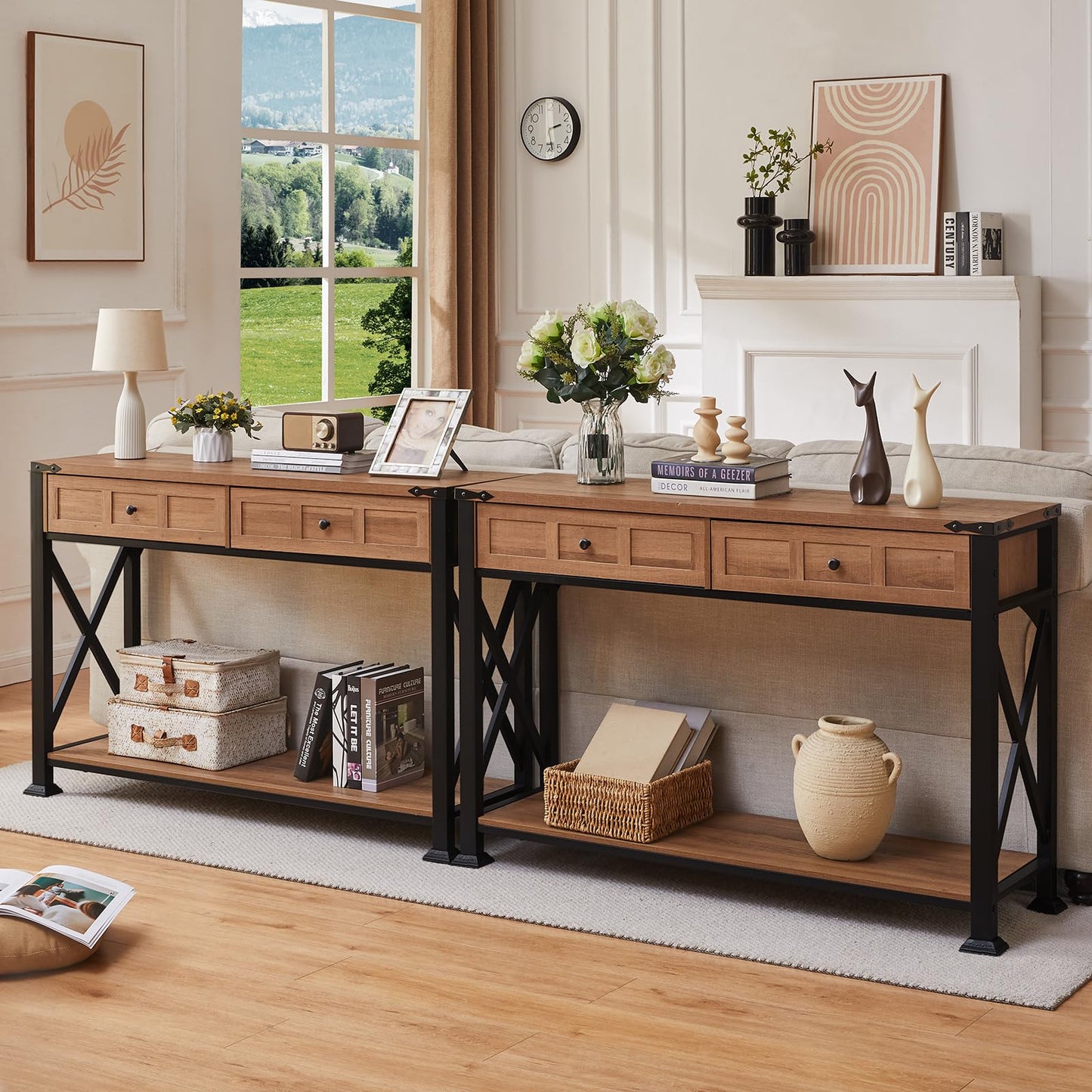 HOMBAZAAR Entryway Table,Rustic Console Table with 2 Drawers, Industrial Console Tables with Storage for Entryway, Hallway, Living Room,Brown,47 Inch
