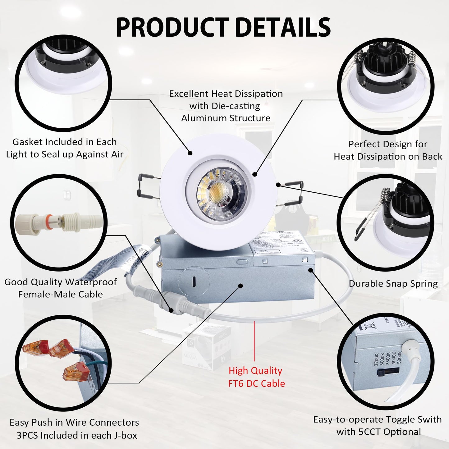 POPANU Canless Recessed Gimbal Downlight Rotatable-Spotlight 5 CCT 3 Inch Eyeball Ceilling Potlight, Dimmable Recessed Lights Fixture with Junction Box, 8W CCT Adjustable, White Round Trim, 6 Pack
