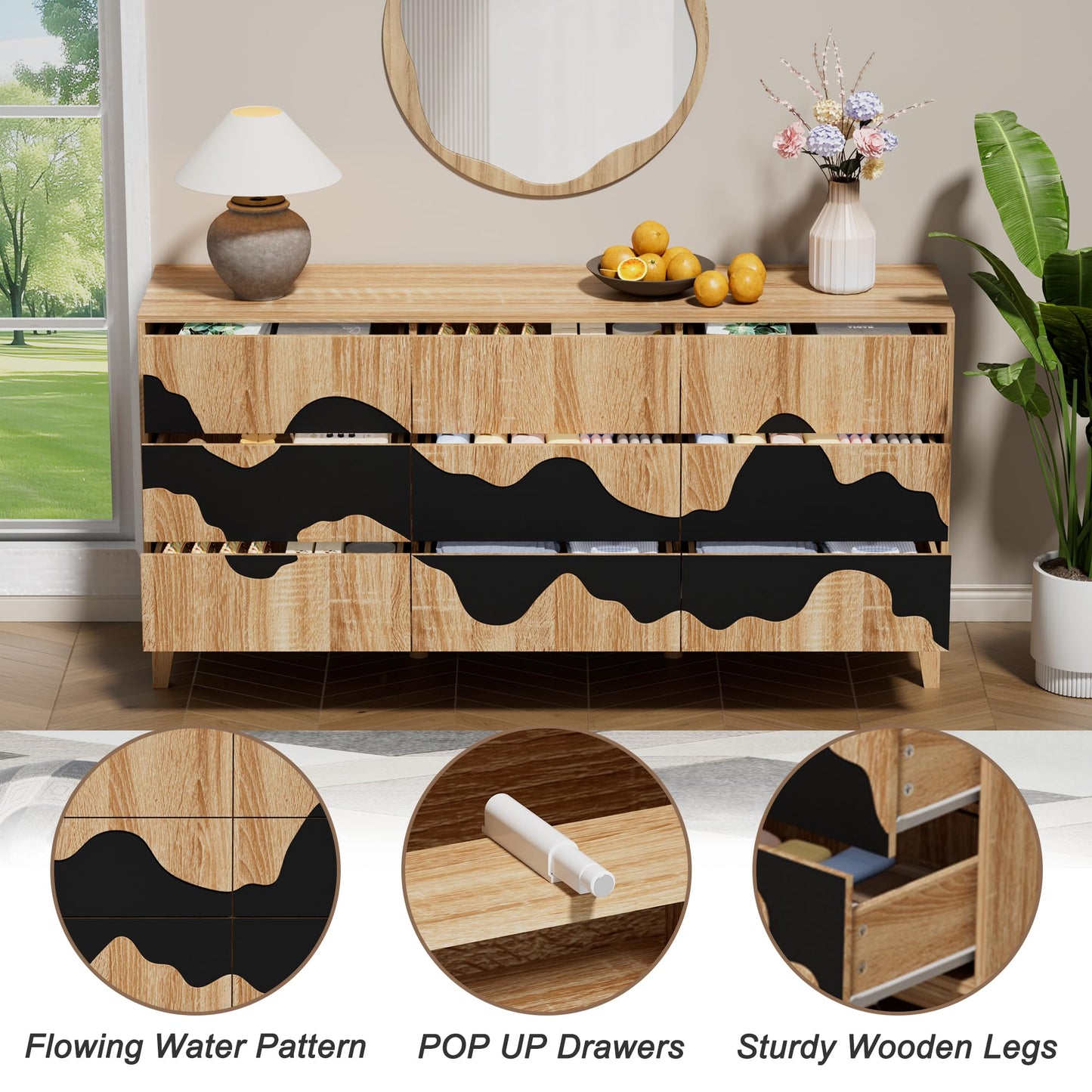 UEV 9-Drawer Dresser & 2 Nightstands Set - 3 Piece Modern Bedroom Furniture Set, 63" Wide Wooden Chest of Drawers with Flowing Water Pattern,2-Drawer Night Stands for Bedroom (Natural/Black