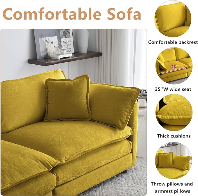 mikibama Luxury Loveseat Sofa Couch, 76" Modern Chenille Deep 2-Seater Cloud Couch with 2 Armrest Pillows and 2 Toss Pillows, Love Seat for Living Room Bedroom Office Apartment, Yellow