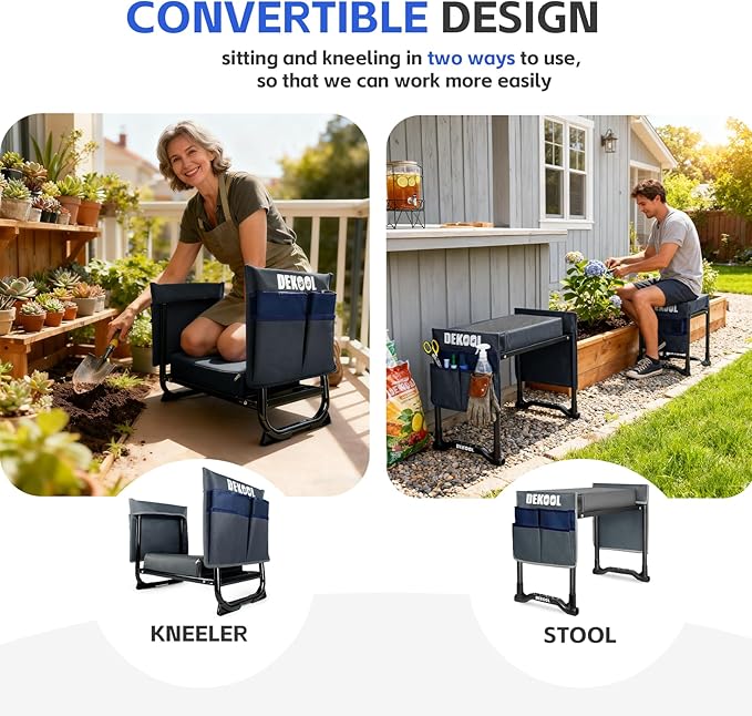 Dekool Garden Kneeler and Seat with Upgraded Wide & 3" Thick Kneeling Pad, Heavy Duty Garden Stool with 2 Large Tool Bags, Portable Bench for Weeding, Gardening Gifts for Women, Men, Seniors, Grey