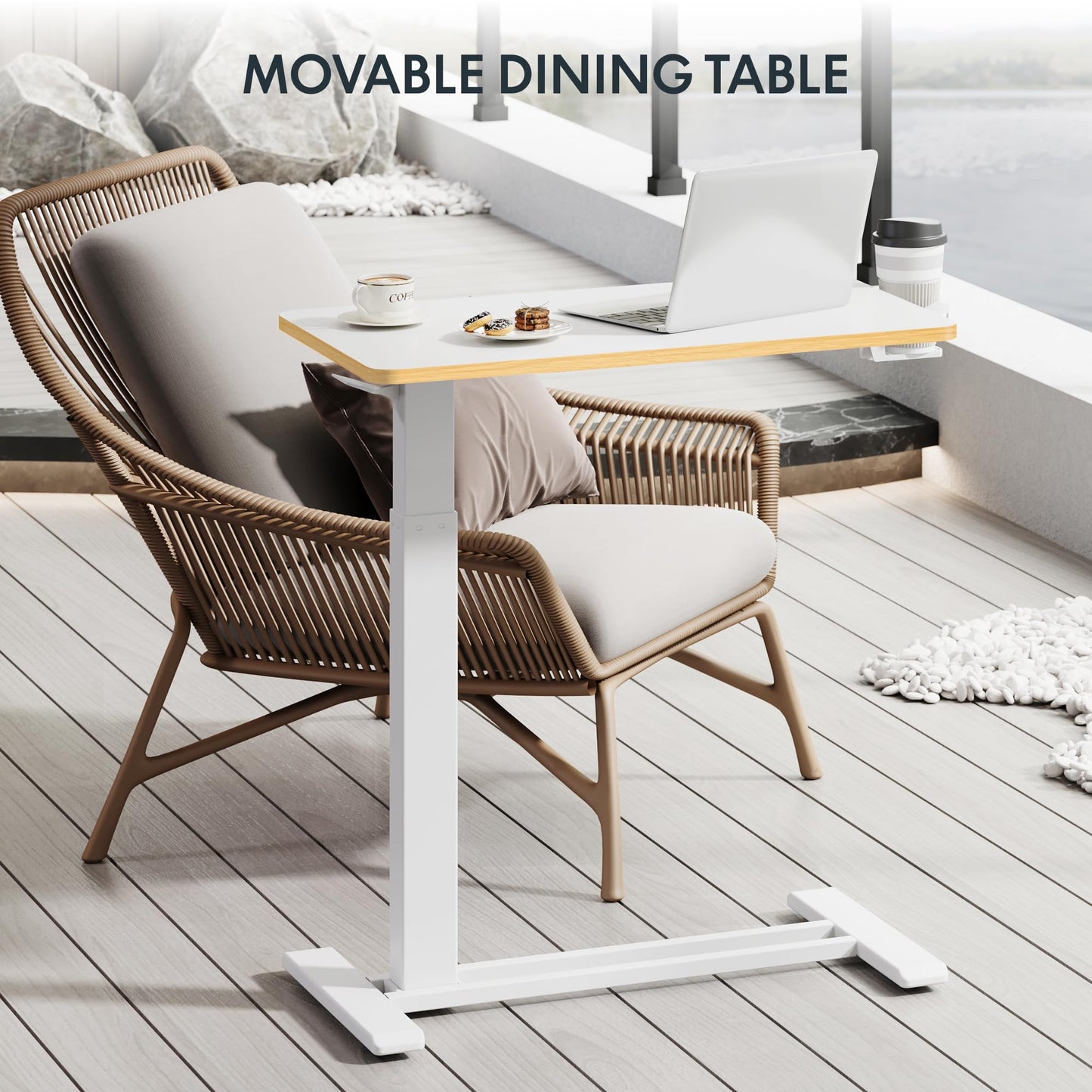 FLEXISPOT Mobile Standing Desk with Wheels Pneumatic Laptop Desk Rolling Computer Cart Movable Height Adjustable Small Sit Stand Desk Computer Workstations Home Use（27.6" W x 15.7" D,White+Maple