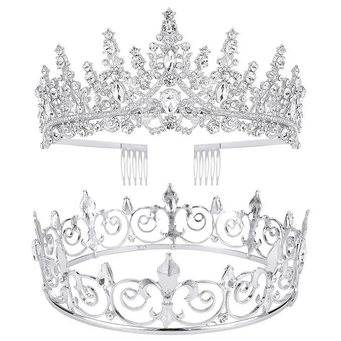 VELSCRUN 2 Pcs Tiara Crown for Men Women, Silver Crowns for Men Metal, King Queen Crown Tiaras, Prince Crown Princess Tiar...