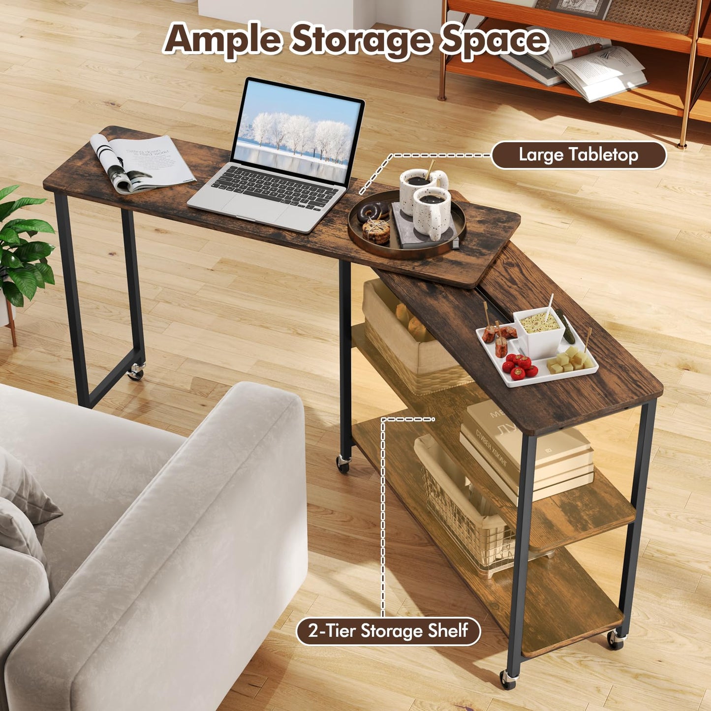 Giantex 360° Free Rotating Sofa Side Table, Patented Mobile End Table with 2-Tier Storage Shelves, Movable Laptop Table w/ 6 Universal Casters, Couch Table Snack Table for Home Office, Large