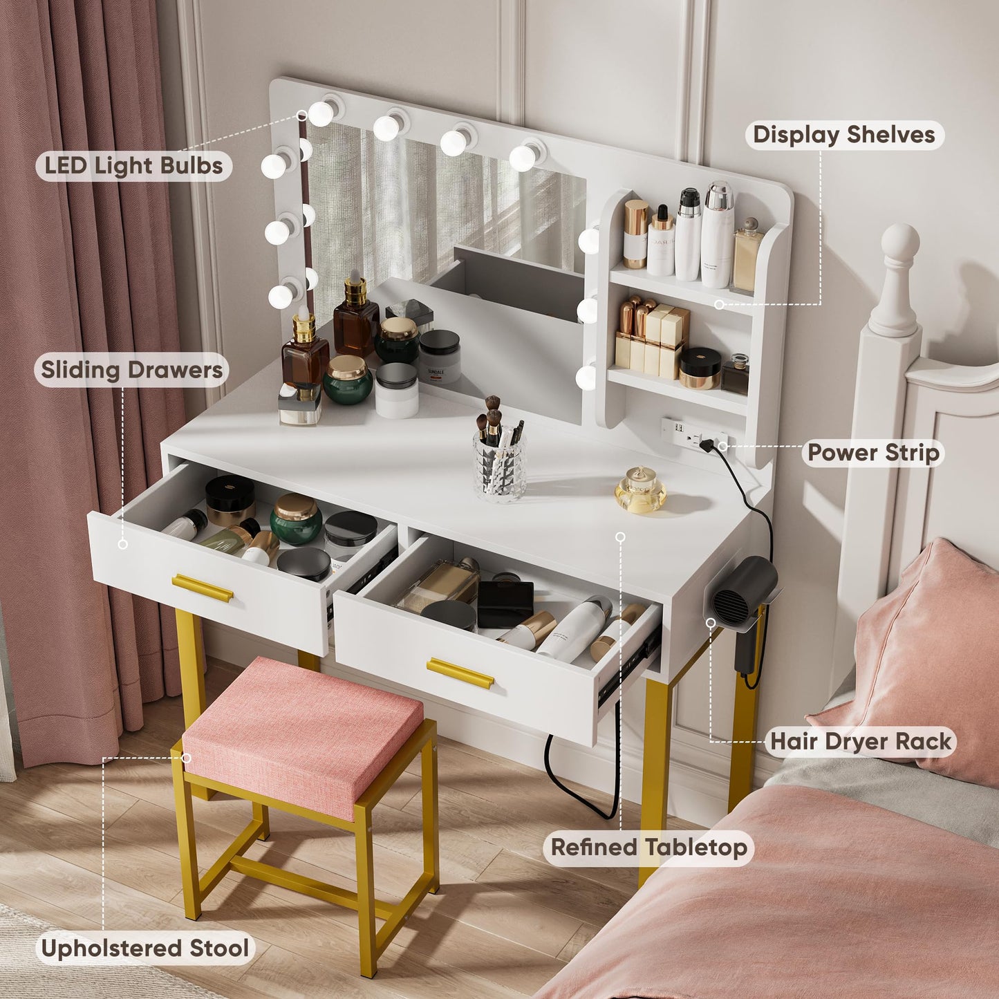 Morwdxef Makeup Vanity Desk with Power Outlet,Mirror and Lights,Makeup Vanity Table with 2 Storage Drawers and Chair Set,3 Color Modes Available