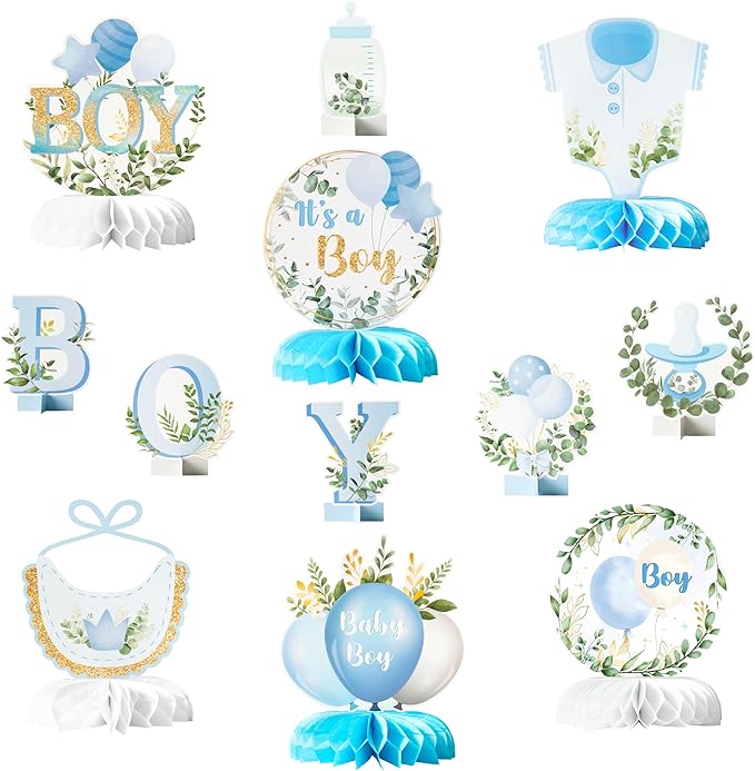 ANGOLIO 12Pcs It's a Boy Baby Shower Honeycomb Centerpieces Watercolor Blue Baby Shower Party Honeycomb Centerpieces Boy B...