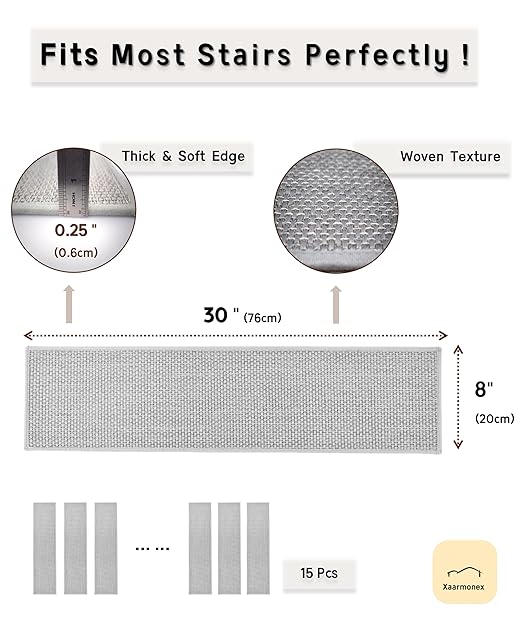 Natural Linen Stair Treads for Wooden Steps, 4 Pcs 8" x 30",Non Slip Stair Runner, Peel and Stick Carpet Indoor for Kids Elders and Pets (4, Grey, 8" x 30")