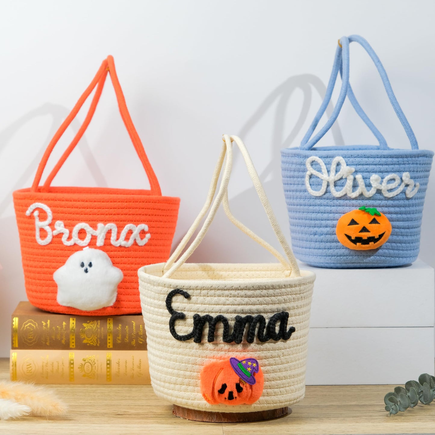 SphonxAi Personalized Halloween Basket, Customized Trick or Treat Bucket, Handmade Knitted Candy Tote, Halloween Basket with Name, Costume Ghost Bucket (Green)
