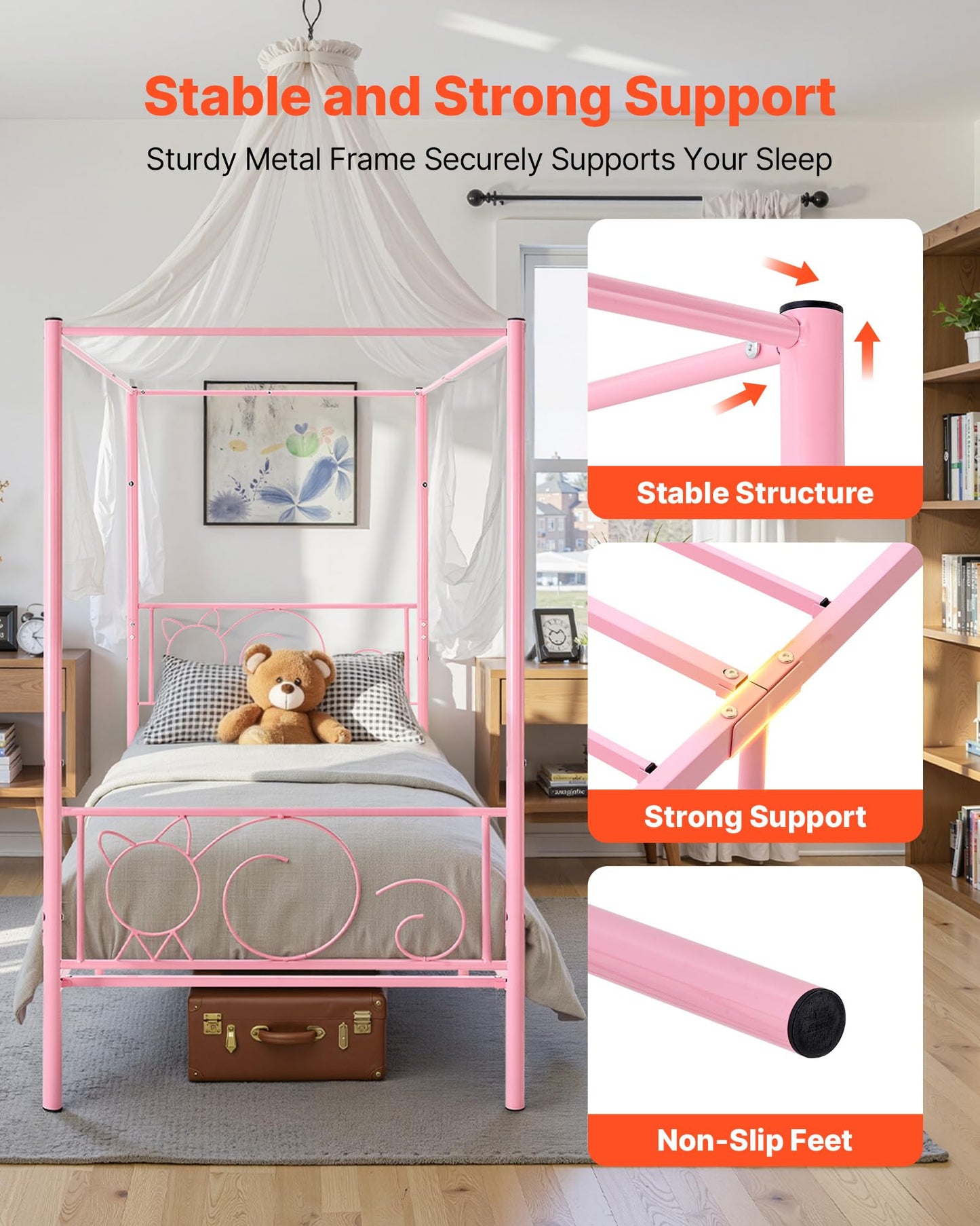 VEVOR Twin Size Canopy Bed Frame, Metal Canopy Bed with Minimalist Headboard & Four Posters Design, Heavy Duty Steel Slats Support, Underbed Storage Space, No Box Spring Needed, Easy Assembly, Pink