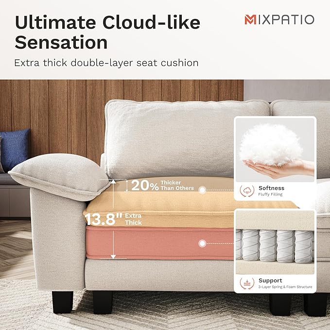 MIXPATIO L-Shaped Cloud Modular Sofa Set with Chaise Lounge, 5-Piece Sectional & Deep Seat, Plush Chenille w/Removable Arms for Living Room - Beige