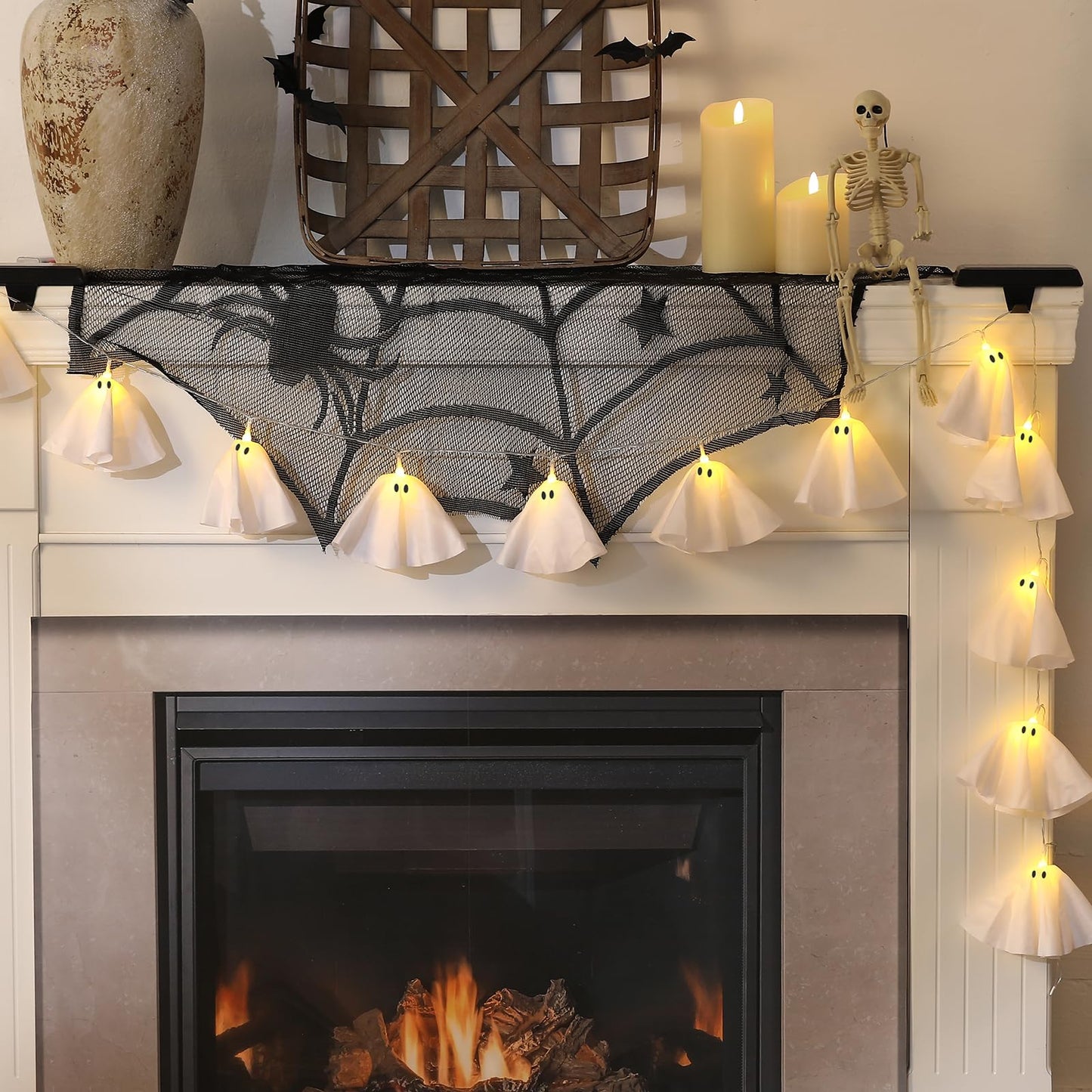 Halloween Decoration-Light Up Ghost Garland-Handmade LED Ghost String Lights Banner for Home Party Fireplace Mantle Windows Decor