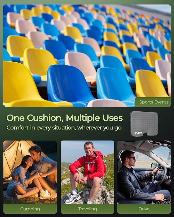 Relispo Self-Inflating Stadium Seat Cushion, Waterproof & Lightweight Inflatable Seat Cushion for Airplane Seat Travel Bleacher Camping, High Density Foam Blow up Sitting Pad for Backpacking